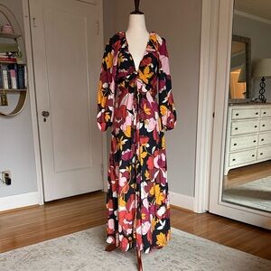 Maeve Midi/Maxi Dress with Deep-V & Pink, Red, Black & Brown Floral Pattern